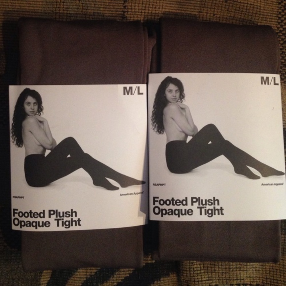 American Apparel Footed Plush Opaque Tights 2 Pair Cozy Discontinued Pantyhose